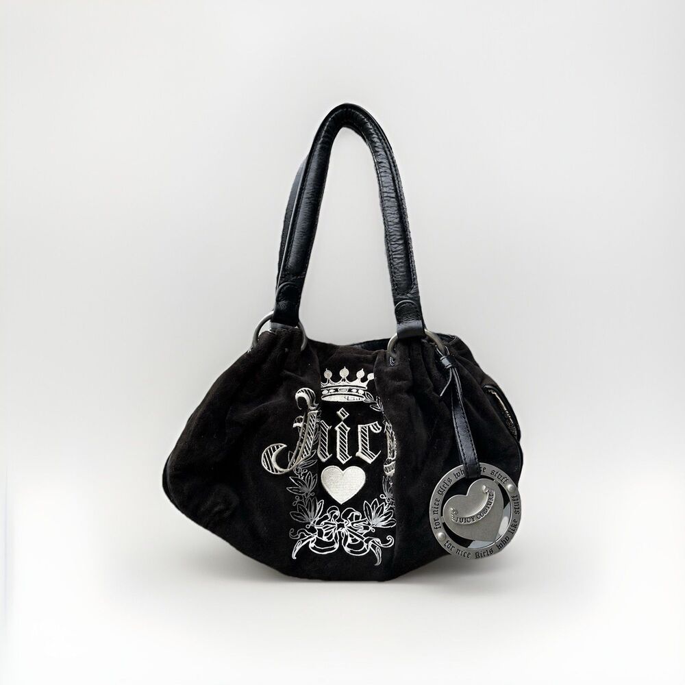 Juicy Couture Y2K Brown Velour Shoulder Bag Purse Embroidered Heart Charm Tote